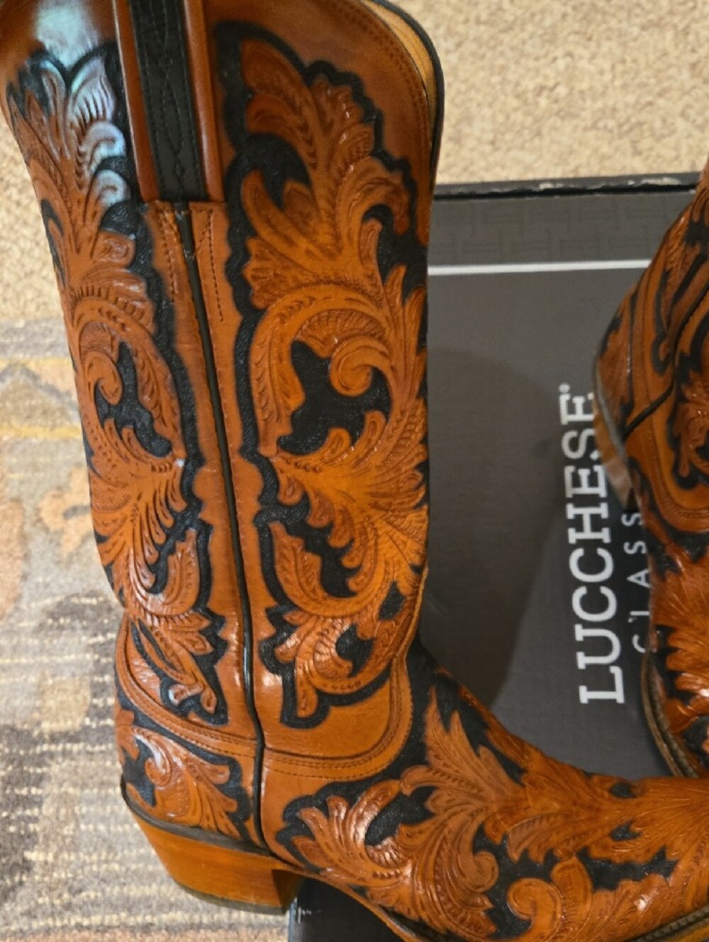 Lucchese Black And Brown Tooled Leather Cowboy Boots - Picture 9 of 9